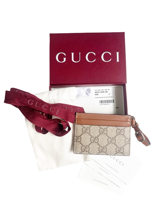Gucci Handbags - Gucci GG Emblem Card Case with Strap Beige and Dark Brown Fabric NWB